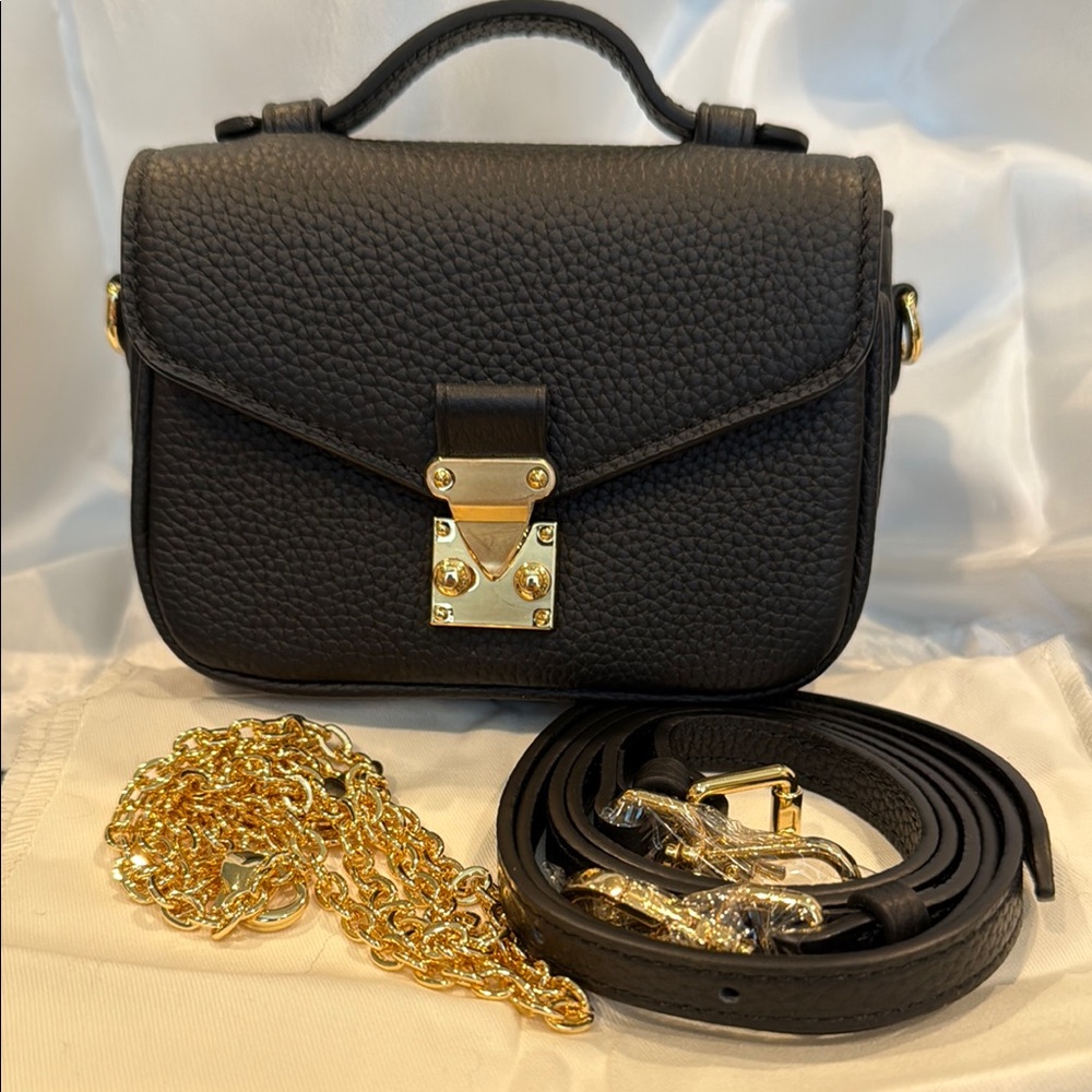Black Leather Crossbody Bag with Gold Hardware